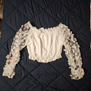 Floral Sleeve Off-Shoulder White Top